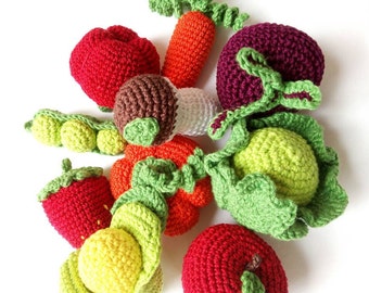Crochet food Harvest set of 10, Montessori pre-school, gym hanging toys, baby vegan gift, 1st baby Birthday gift, Kids party favors