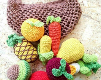 Crochet food set of 15, Pick Your Own Harvest vegetables fruits, Natural Montessori toddler Baby gym toys, hanging baby vegan gift