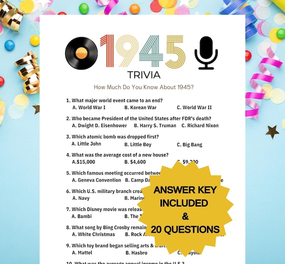 1945 Trivia Birthday Game: 79th or 80th Party (Printable PDF)