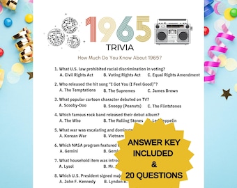 60th Birthday 1965 Trivia Game: Retro Party (Printable PDF)