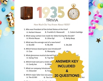 May include: A trivia game sheet with the title "1935 Trivia." The sheet includes questions about the year 1935, such as the president at the time and the cost of a new home. An answer key and 20 questions are included.