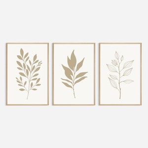 Botanical Art SET OF 3 Prints. Neutral Leaf Art Set. Printable Wall Art. Minimalist Line Art Drawing. Plants, Foliage. Beige Aesthetic Art.