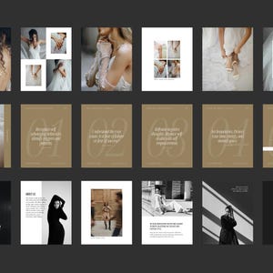 Könnte beinhalten: Eine Sammlung von achtzehn digitalen Social-Media-Vorlagen mit Brautbildern, inspirierenden Texten und Modefotografie. Das Layout umfasst verschiedene monochrome und neutral gehaltene Folien mit Typografie, Fotorastern und Call-to-Action-Buttons.