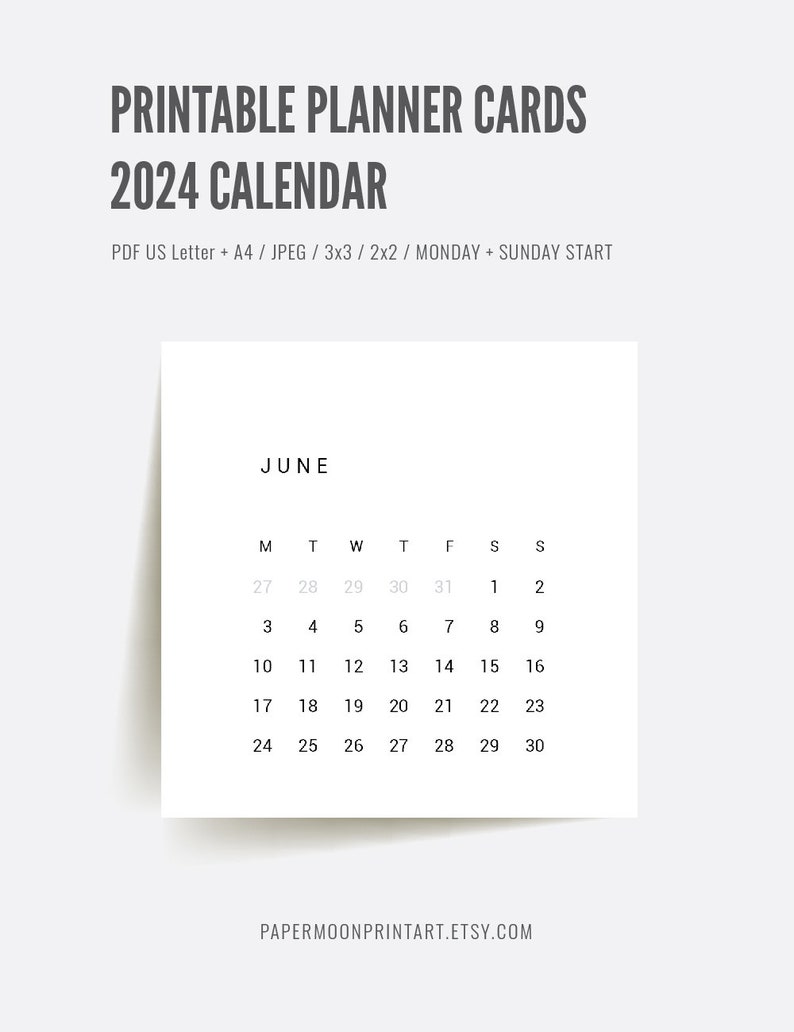 2024 Calendar 3x3 2x2 2024 Mini Calendar Printable Bujo Calendar 2024