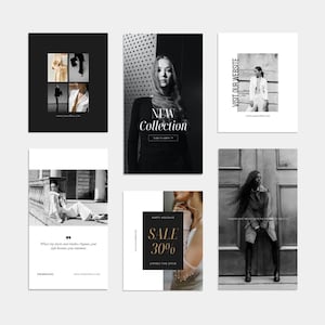 Black and white social media Canva templates for fashion bands, portrait and wedding photography.