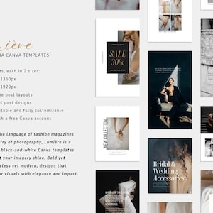 Minimal, editorial social media Canva templates for photographers and fashion brands. Black and white, bold, elegant, timeless.