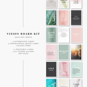 Printable affirmation cards for self-love, inspiration, and daily reflection. Includes 21 cards with affirmations, quotes, and blanks for goals or notes. Perfect for vision boards, journaling prompts, mindfulness practice, or adding positive reminders to your planner. Elegant watercolor designs, digital download in PDF and JPEG formats for easy home printing.