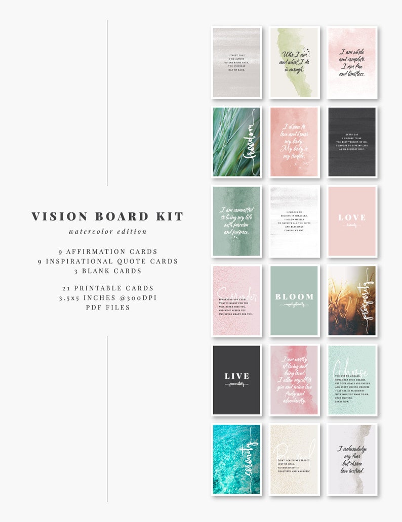 Printable affirmation cards for self-love, inspiration, and daily reflection. Includes 21 cards with affirmations, quotes, and blanks for goals or notes. Perfect for vision boards, journaling prompts, mindfulness practice, or adding positive reminders to your planner. Elegant watercolor designs, digital download in PDF and JPEG formats for easy home printing.