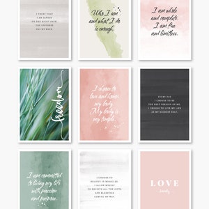 Printable affirmation cards for self-love, inspiration, and daily reflection. Includes 21 cards with affirmations, quotes, and blanks for goals or notes. Perfect for vision boards, journaling prompts, mindfulness practice, or adding positive reminders to your planner. Elegant watercolor designs, digital download in PDF and JPEG formats for easy home printing.