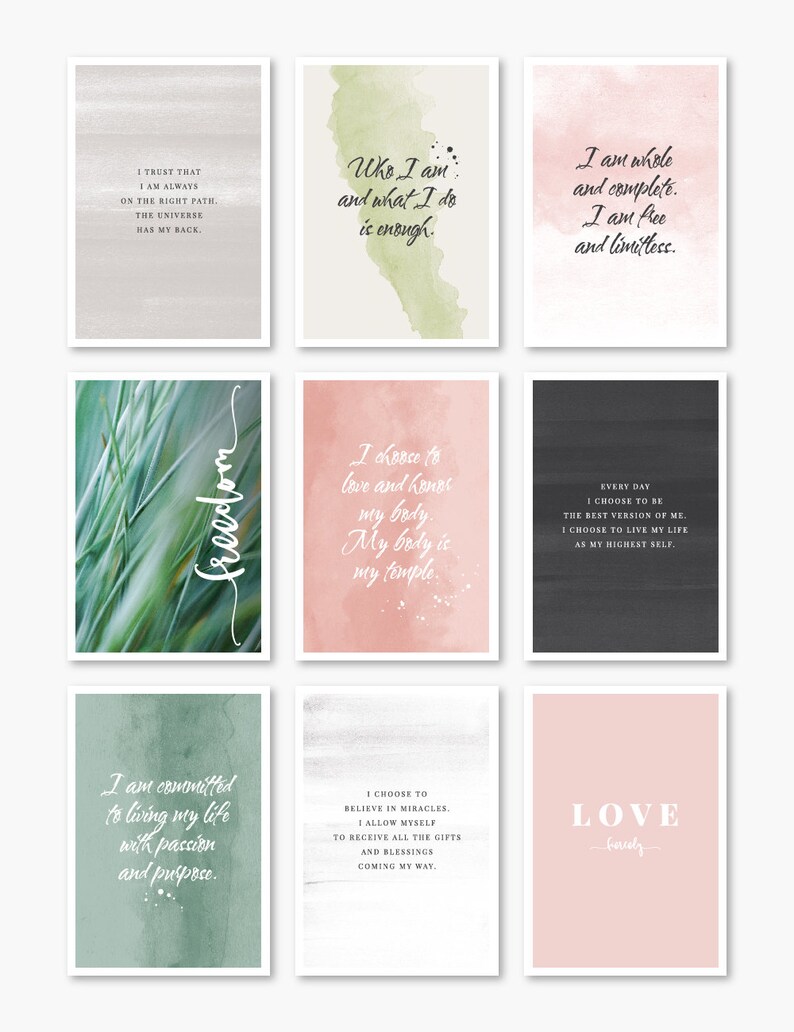 Printable affirmation cards for self-love, inspiration, and daily reflection. Includes 21 cards with affirmations, quotes, and blanks for goals or notes. Perfect for vision boards, journaling prompts, mindfulness practice, or adding positive reminders to your planner. Elegant watercolor designs, digital download in PDF and JPEG formats for easy home printing.