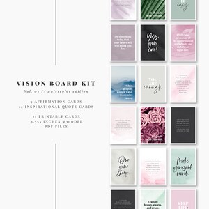 Printable affirmation cards bundle for self-love, inspiration, and daily reflection. Includes 63 cards with affirmations, quotes, and blanks for goals or notes. Perfect for vision boards, journaling prompts, mindfulness practice, or adding positive reminders to your planner. Elegant watercolor designs, digital download in PDF and JPEG formats for easy home printing.