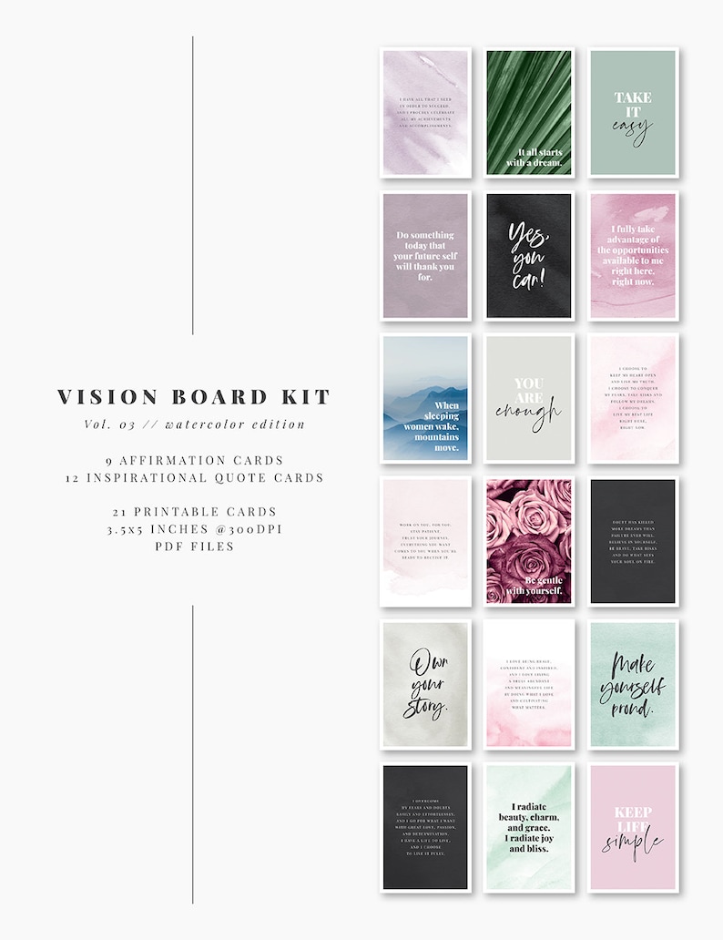 Printable affirmation cards bundle for self-love, inspiration, and daily reflection. Includes 63 cards with affirmations, quotes, and blanks for goals or notes. Perfect for vision boards, journaling prompts, mindfulness practice, or adding positive reminders to your planner. Elegant watercolor designs, digital download in PDF and JPEG formats for easy home printing.