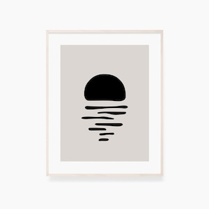 Arte abstracto minimalista negro y beige. Reflexión del agua sol/luna. Ilustración de arte mural imprimible. Cartel de Arte Contemporáneo Imprimible.