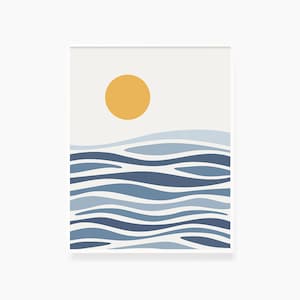 Sol sobre las olas del Océano Azul. Arte de la pared Boho. Minimalista. Abstracto. Ilustración de arte de pared imprimible. Cartel imprimible. Impresión de playa. Digital.