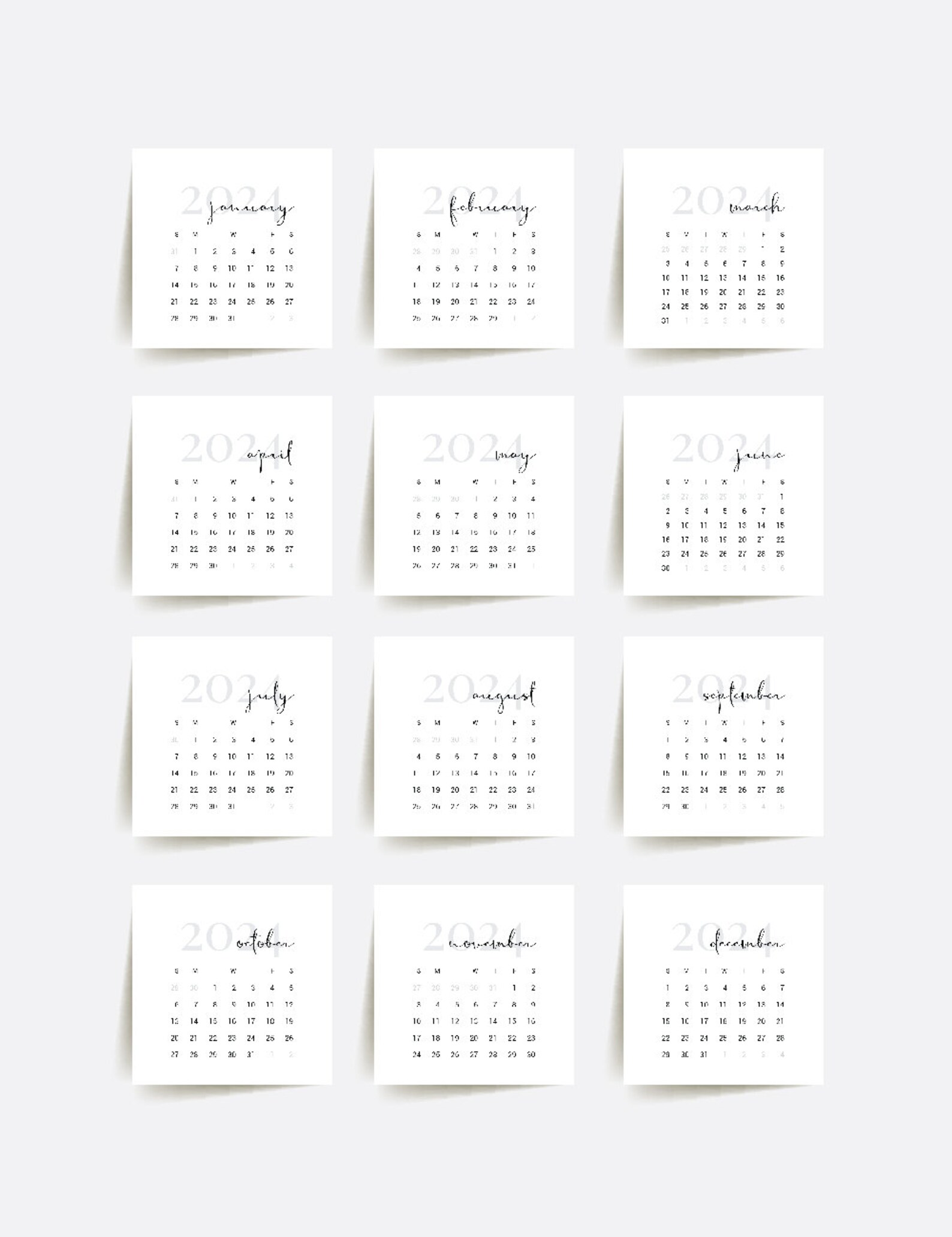 2024 Calendar 3x3 2x2 2024 Mini Calendar Printable Etsy