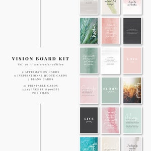Printable affirmation cards bundle for self-love, inspiration, and daily reflection. Includes 63 cards with affirmations, quotes, and blanks for goals or notes. Perfect for vision boards, journaling prompts, mindfulness practice, or adding positive reminders to your planner. Elegant watercolor designs, digital download in PDF and JPEG formats for easy home printing.
