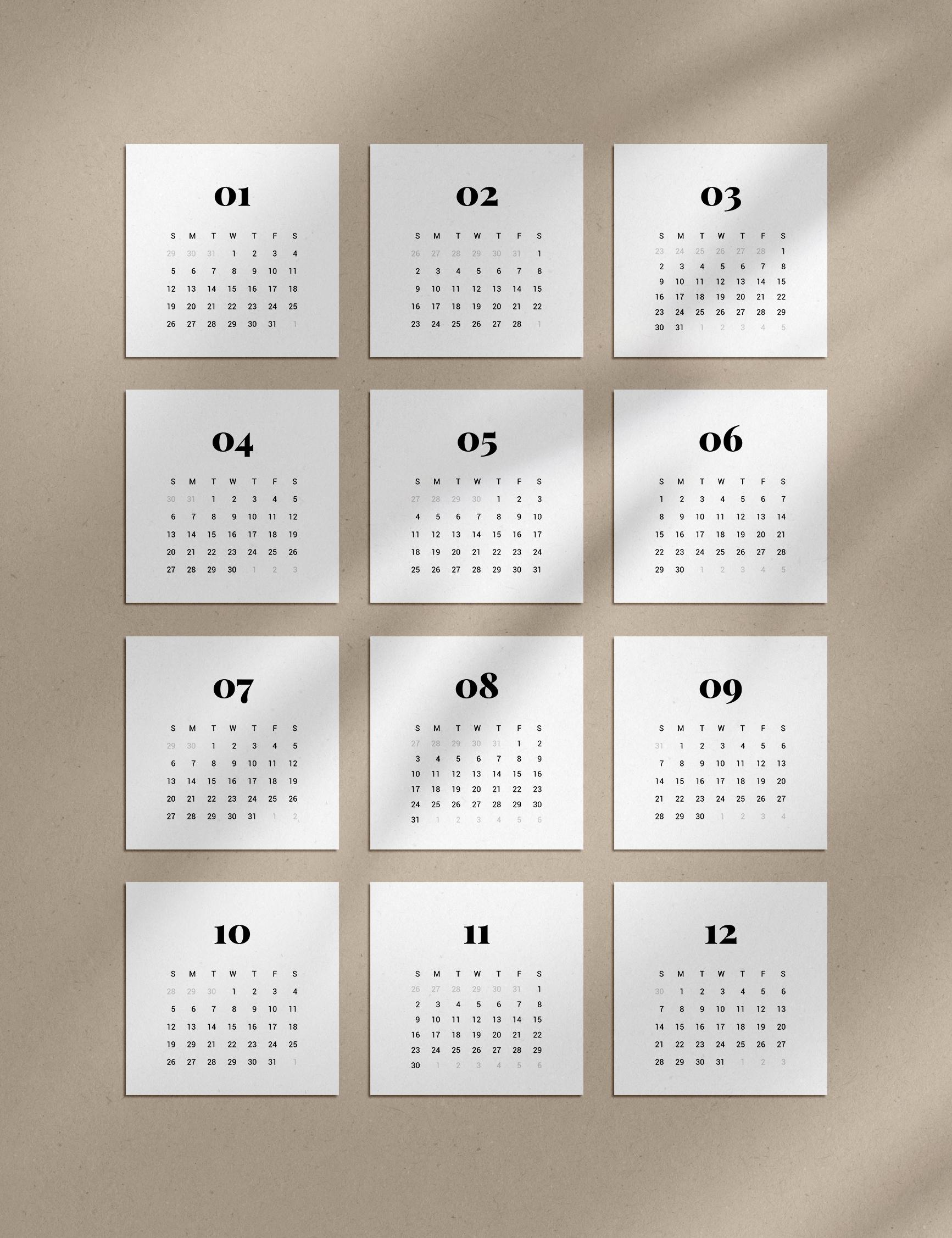 2025 Calendar 4x4 3x3 2x2 2025 Mini Calendar Printable Bujo Calendar ...