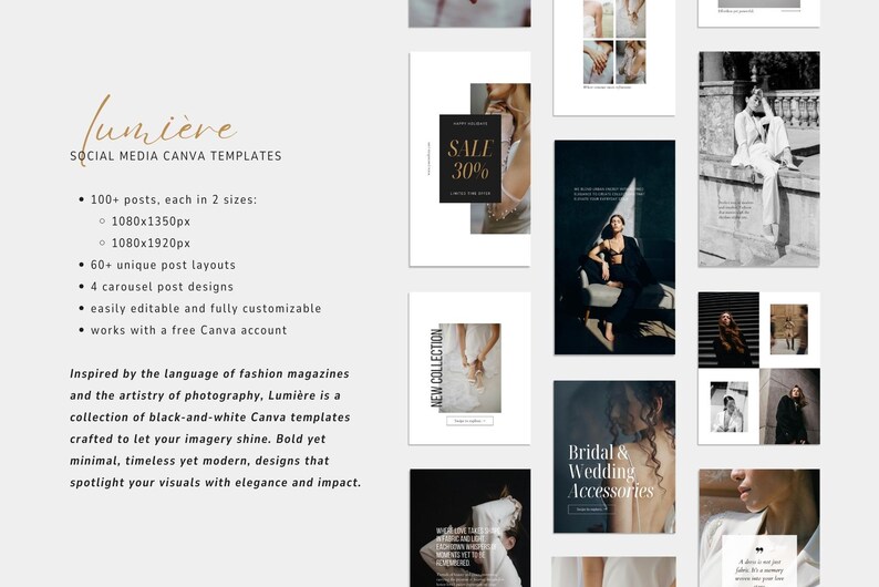 Minimal, editorial social media Canva templates for fashion brands, portrait and wedding photographers.