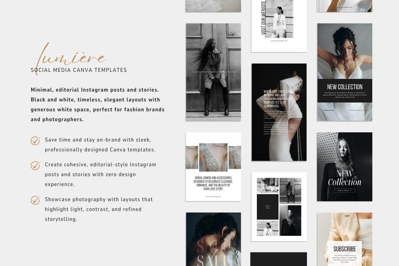 Elegant Instagram Canva templates. Timeless, black and white aesthetic for visual storytelling.