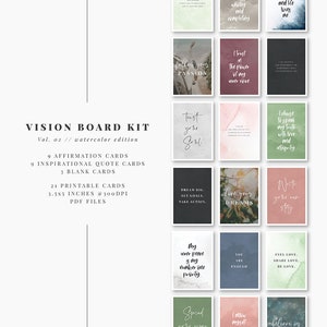 Printable affirmation cards bundle for self-love, inspiration, and daily reflection. Includes 63 cards with affirmations, quotes, and blanks for goals or notes. Perfect for vision boards, journaling prompts, mindfulness practice, or adding positive reminders to your planner. Elegant watercolor designs, digital download in PDF and JPEG formats for easy home printing.