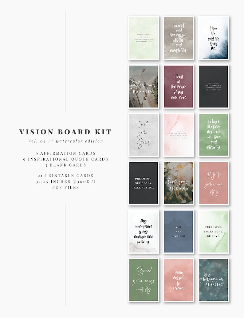 Printable affirmation cards bundle for self-love, inspiration, and daily reflection. Includes 63 cards with affirmations, quotes, and blanks for goals or notes. Perfect for vision boards, journaling prompts, mindfulness practice, or adding positive reminders to your planner. Elegant watercolor designs, digital download in PDF and JPEG formats for easy home printing.