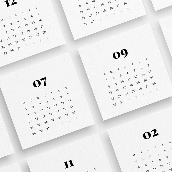 2024 Calendar | 3x3 | 2x2 | 2024 Mini Calendar | Printable Bujo Calendar 2024 | Printable Journaling & Planner Cards | Minimal Design | 01