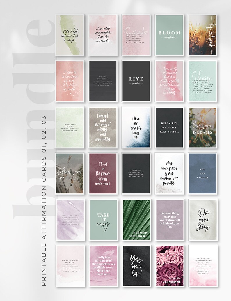Printable affirmation cards bundle for self-love, inspiration, and daily reflection. Includes 63 cards with affirmations, quotes, and blanks for goals or notes. Perfect for vision boards, journaling prompts, mindfulness practice, or adding positive reminders to your planner. Elegant watercolor designs, digital download in PDF and JPEG formats for easy home printing.