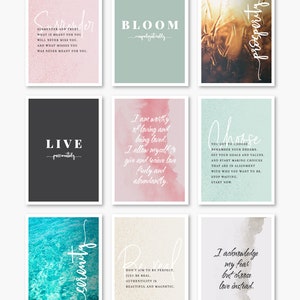 Printable affirmation cards for self-love, inspiration, and daily reflection. Includes 21 cards with affirmations, quotes, and blanks for goals or notes. Perfect for vision boards, journaling prompts, mindfulness practice, or adding positive reminders to your planner. Elegant watercolor designs, digital download in PDF and JPEG formats for easy home printing.