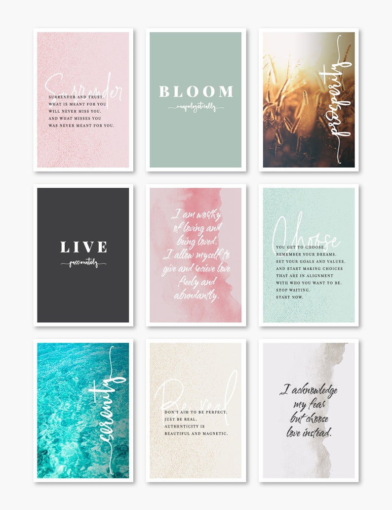 Printable affirmation cards for self-love, inspiration, and daily reflection. Includes 21 cards with affirmations, quotes, and blanks for goals or notes. Perfect for vision boards, journaling prompts, mindfulness practice, or adding positive reminders to your planner. Elegant watercolor designs, digital download in PDF and JPEG formats for easy home printing.