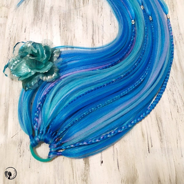 Blue Ponytail Hair Extensions, Hair Wig with Braids and Beads, Hair on Elastic Band, Synthetic Hair on Hairband, Hair Falls, BLUE MERMAID