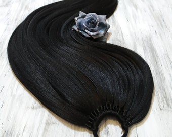 Extensions de queue de cheval noires, cheveux noirs sur bande élastique, extension de cheveux synthétiques sur bandeau, perruque de cheveux, chutes de cheveux, NIGHT QUEEN