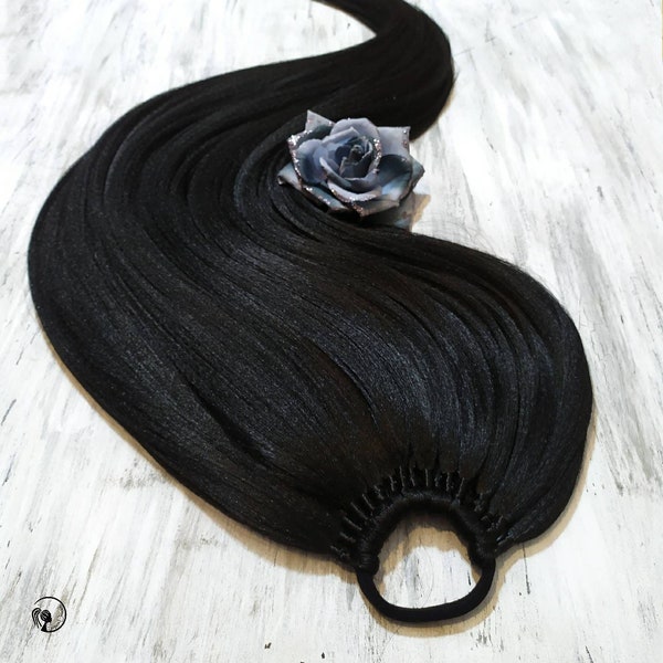 Black Ponytail Extensions, Black Hair on Elastic Band, Synthetic Hair Extension on Hairband, Hair Wig, Hair Falls, NIGHT QUEEN