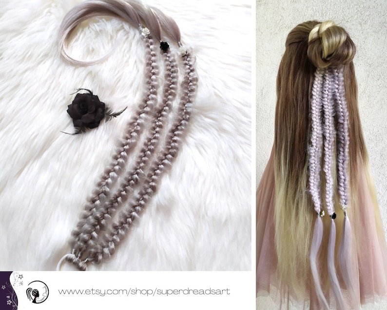 Silver Grey Braids Extension on Hairband, Dreadlocks On Elastic Band, Synthetic Braids Ponytail, White Hair Wig, Grey Hair Falls, PEARL RAIN image 1