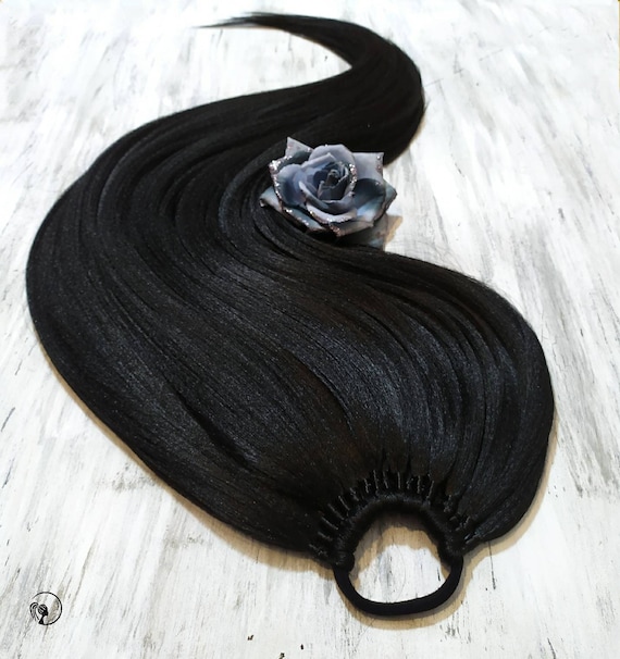 Black Ponytail Extensions, Black Hair on Elastic Band, Synthetic