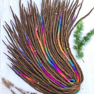Brown Merino Wool Dreadlocks with Rainbow Accents: Boho Hair Extensions