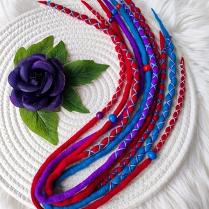 Red Purple Blue Wool Dreadlocks Extensions: Boho Festival Dreads