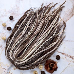 Boho Wool Dreadlocks with Braids & Beads: Beige Brown DE Handmade Extensions
