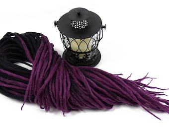 Rastas de lana merino ombré de color negro a morado, extensiones de rastas de doble punta