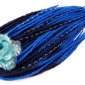 WOOL DREADLOCKS Extensions, Full Set Grey Blue Dreads Extensions, Dreads with Threads, Turquoise Ombre Dreadlocks,Merino soft Double Ended