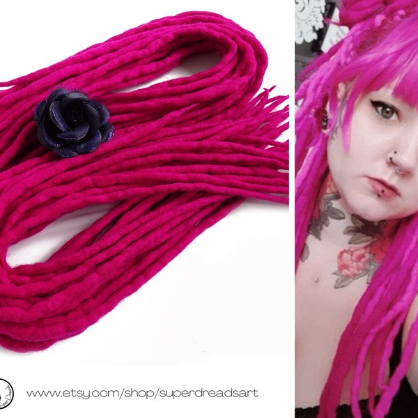 Dreadlocks en laine roses, extensions de dreads roses magenta, dreadlocks rave punk, double embout, rose énergétique
