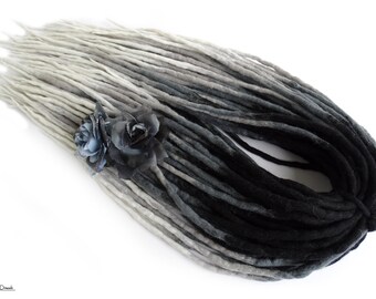 Black to Gray and White Ombre Merino Wool Dreadlocks, Double Ended Dread Extensions