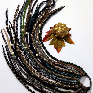 WOOL DREADLOCK Extensions on elastic band, brown green dreadlock ponytail, unique hairstyle with easy install, Alternative hair accessories