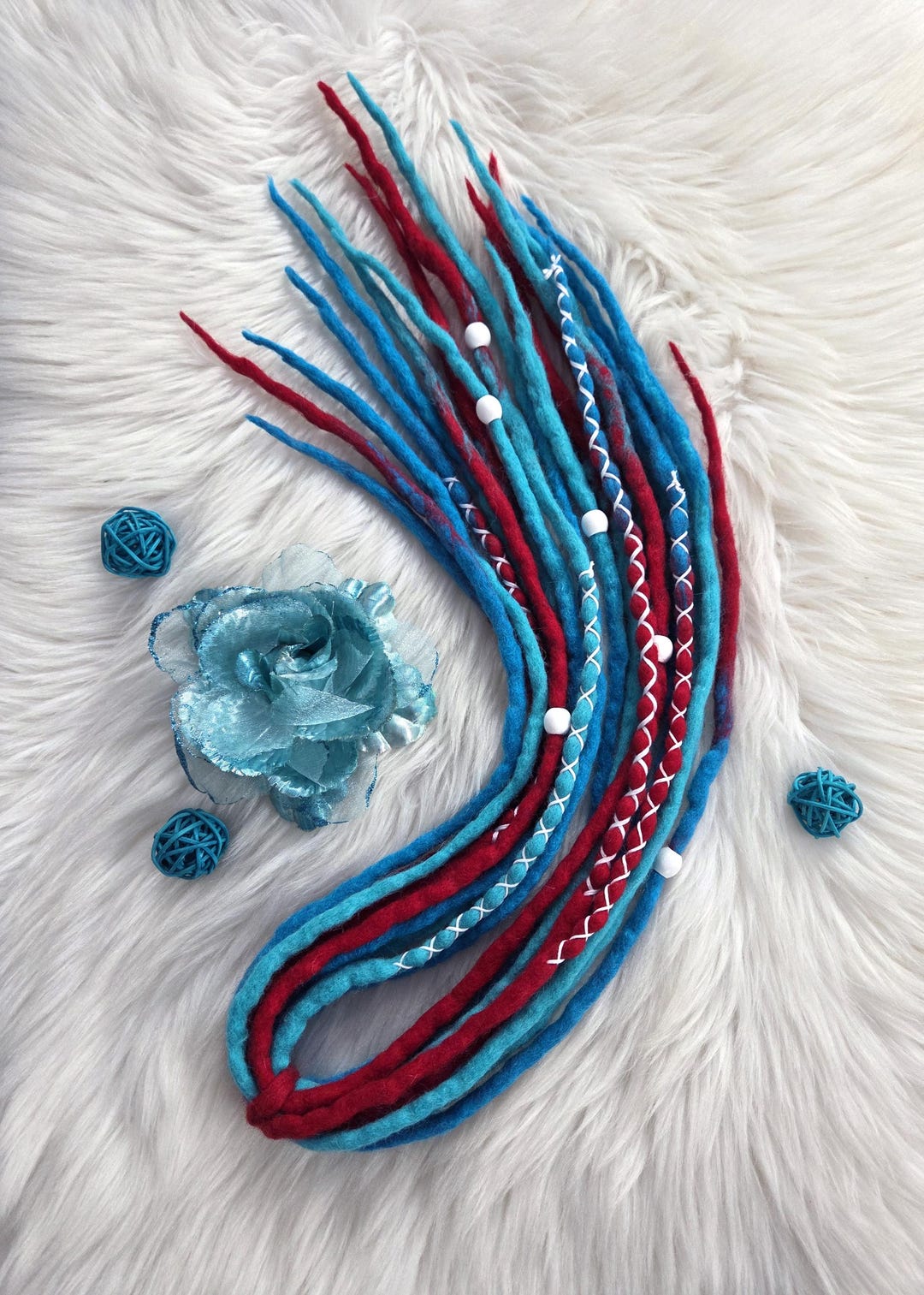 Red Blue Merino Wool Dreadlocks With White Accents, Double Ended Dread ...