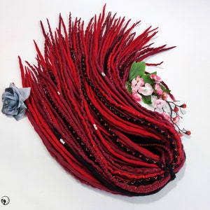 Full Set Red Wool Dreadlocks, Burgundy Twists Braids, Dreads with Beads, Wraps Thread, Dreadlocks Extensions, Double Ended, CARMINE HEART