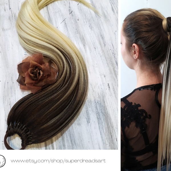 Brown Blonde Ponytail Extensions, Ombre Hair on Elastic Band, Synthetic Hair Extension on Hairband, Hair Wig, Hair Falls, NATURAL GIRL