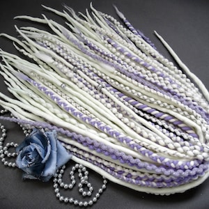 Full Set Wool Dreadlocks, White Dreads Extensions, Purple Braids, Dreads with Beads, Wedding Dreadlocks, Double Ended, LAVENDER DELIGHT