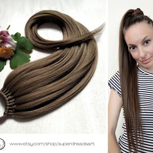 Brown ponytail extensions, hair on elastic band, synthetic hair extension on hairband, hair wig, Natural Brown Haired Girl
