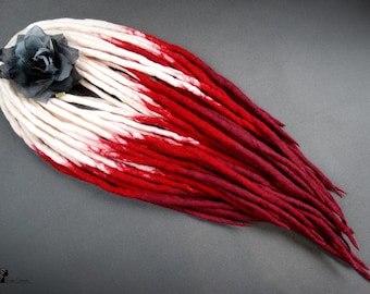 White to Cherry Red Ombre Merino Wool Dreadlocks, Double Ended Dread Extensions