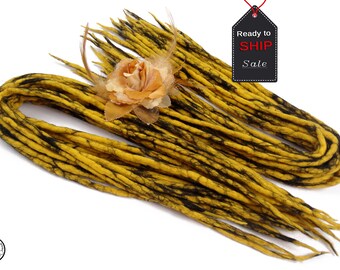 Yellow & Black Wool Dreadlocks Extensions: Handmade Merino Hair, 30 DE Pieces