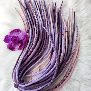 Full Set Wool Dreadlocks: Purple Pink Ombre, Double Ended Dreads with Beads